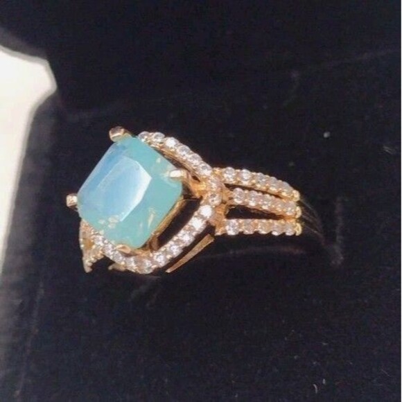 Asscher Cut Aqua Chalcedony Zircon 61 Stone Gold Overlay Ring Size 7 + Box Gift - Picture 2 of 6